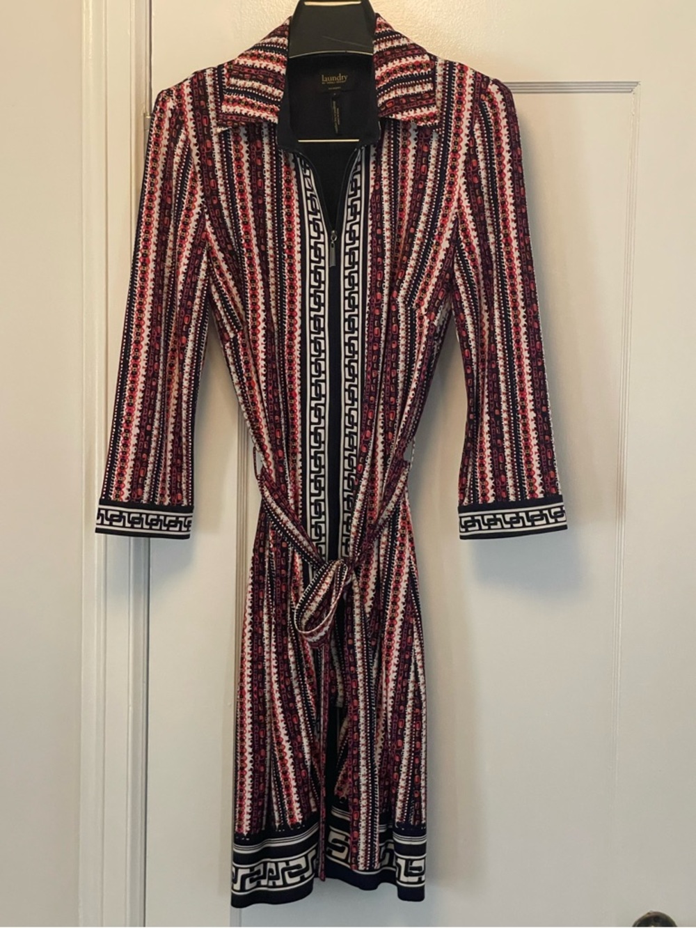 Laundry By Shelli Segal Navy, Red & White Greek Key Zip Top